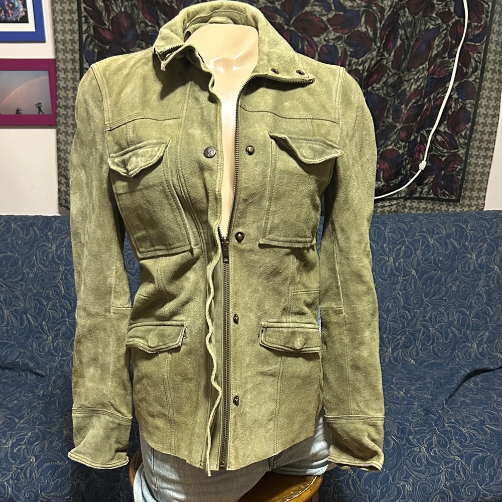Free People Suede Chic Utility Jacket in Olive Green- XS- Call Out